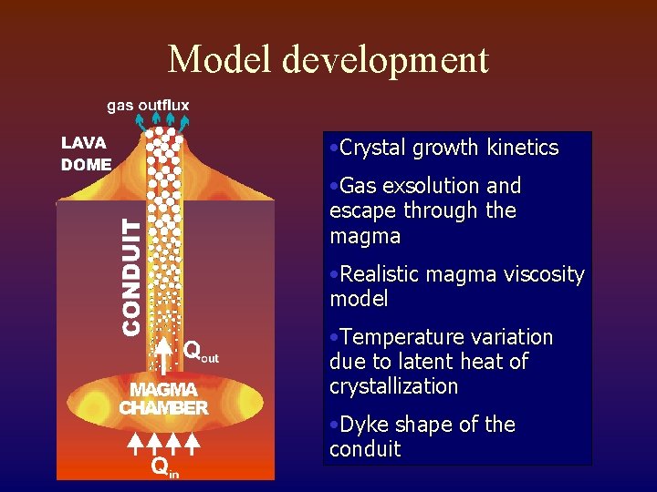 Model development • Crystal growth kinetics • Gas exsolution and escape through the magma