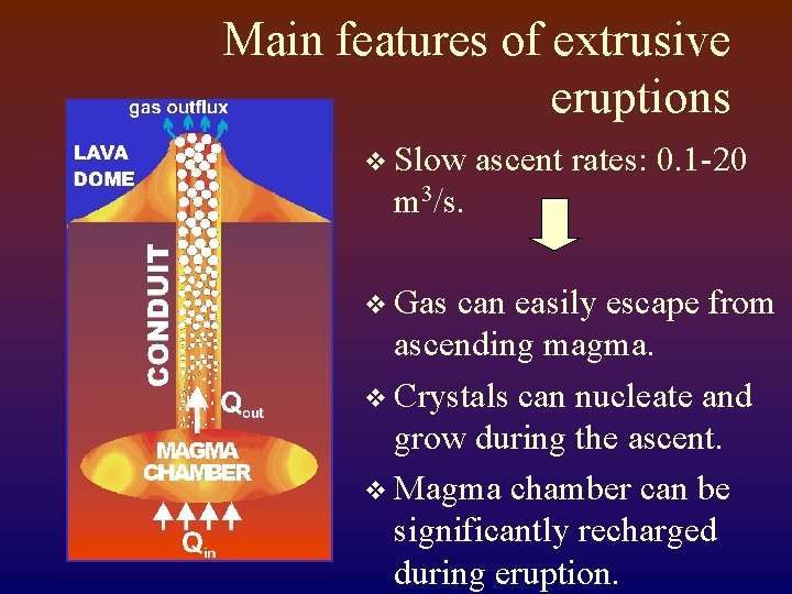 Main features of extrusive eruptions v Slow ascent rates: 0. 1 -20 m 3/s.