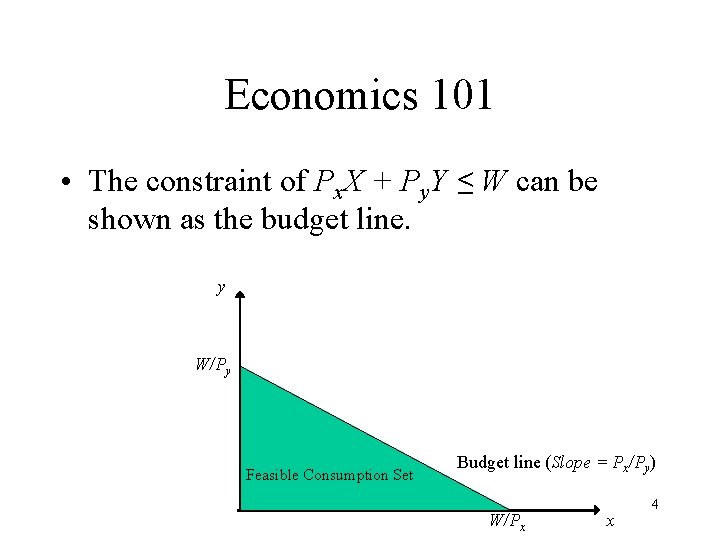 Economics 101 • The constraint of Px. X + Py. Y ≤ W can