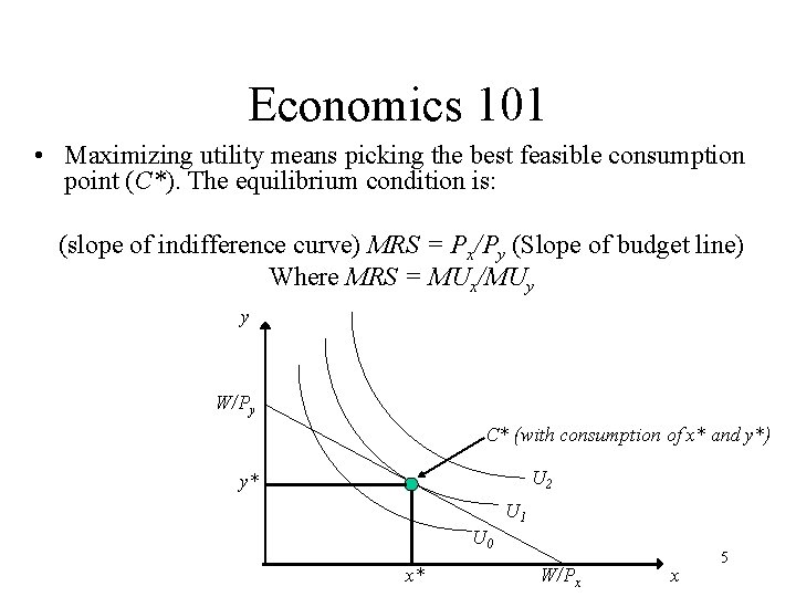 Economics 101 • Maximizing utility means picking the best feasible consumption point (C*). The