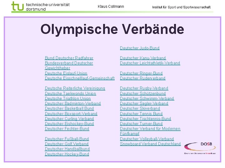 Klaus Collmann Olympische Verbände Deutscher Judo-Bund Deutscher Radfahrer Bundesverband Deutscher Gewichtheber Deutsche Eislauf-Union Deutsche