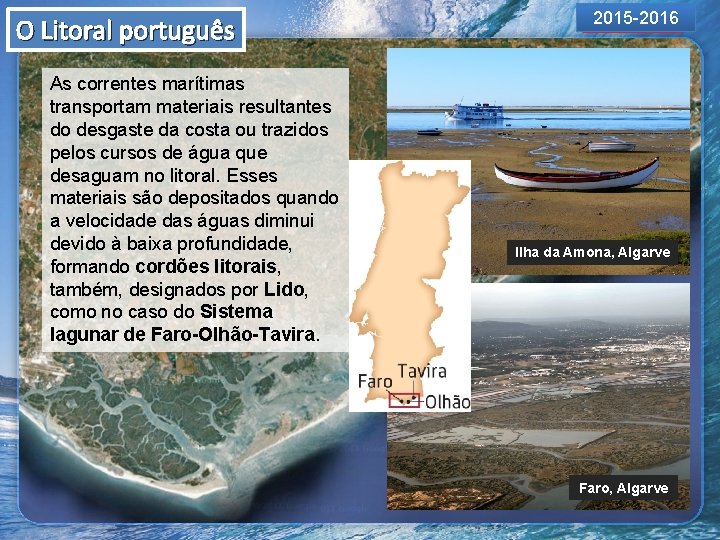 O Litoral português As correntes marítimas transportam materiais resultantes do desgaste da costa ou