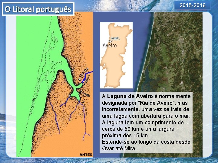 O Litoral português 2015 -2016 A Laguna de Aveiro é normalmente designada por "Ria