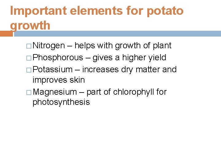 Important elements for potato growth � Nitrogen – helps with growth of plant �