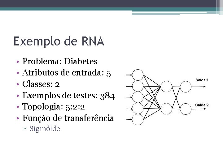 Exemplo de RNA • • • Problema: Diabetes Atributos de entrada: 5 Classes: 2 Exemplo de RNA • • • Problema: Diabetes Atributos de entrada: 5 Classes: 2