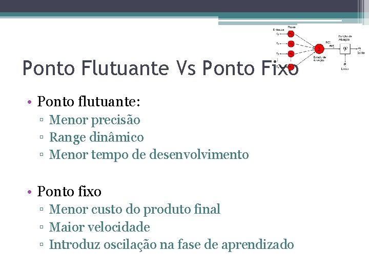 Ponto Flutuante Vs Ponto Fixo • Ponto flutuante: ▫ Menor precisão ▫ Range dinâmico Ponto Flutuante Vs Ponto Fixo • Ponto flutuante: ▫ Menor precisão ▫ Range dinâmico