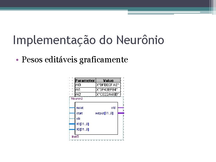 Implementação do Neurônio • Pesos editáveis graficamente Implementação do Neurônio • Pesos editáveis graficamente