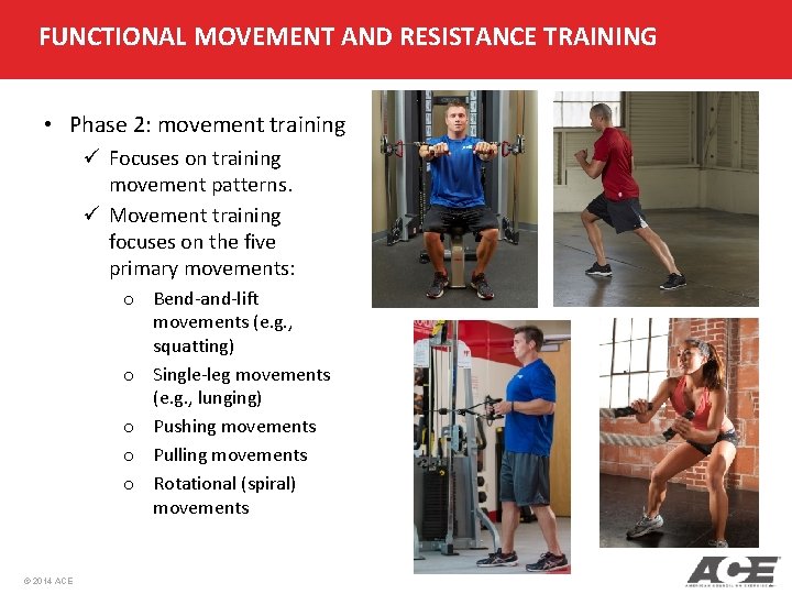 FUNCTIONAL MOVEMENT AND RESISTANCE TRAINING • Phase 2: movement training ü Focuses on training