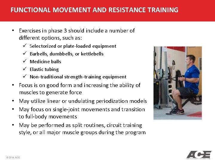 FUNCTIONAL MOVEMENT AND RESISTANCE TRAINING • Exercises in phase 3 should include a number