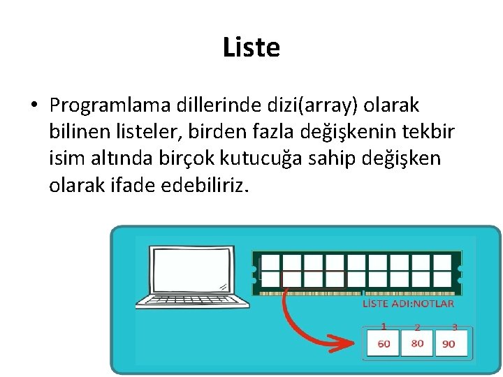 Liste • Programlama dillerinde dizi(array) olarak bilinen listeler, birden fazla değişkenin tekbir isim altında