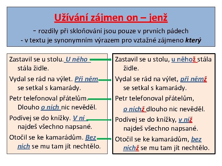 Užívání zájmen on – jenž - rozdíly při skloňování jsou pouze v prvních pádech