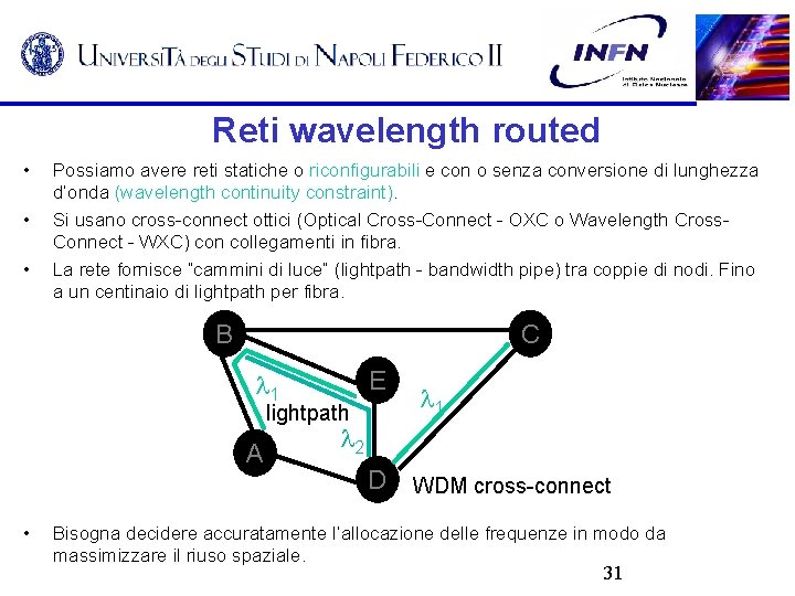 Reti wavelength routed • • • Possiamo avere reti statiche o riconfigurabili e con