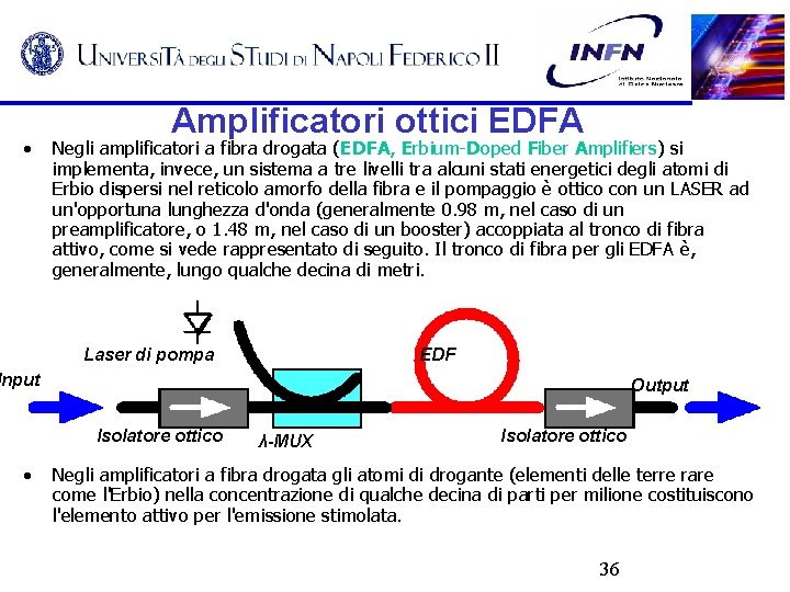  • Amplificatori ottici EDFA Negli amplificatori a fibra drogata (EDFA, Erbium-Doped Fiber Amplifiers)