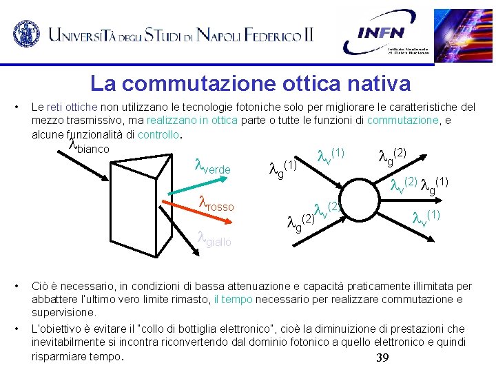 La commutazione ottica nativa • Le reti ottiche non utilizzano le tecnologie fotoniche solo