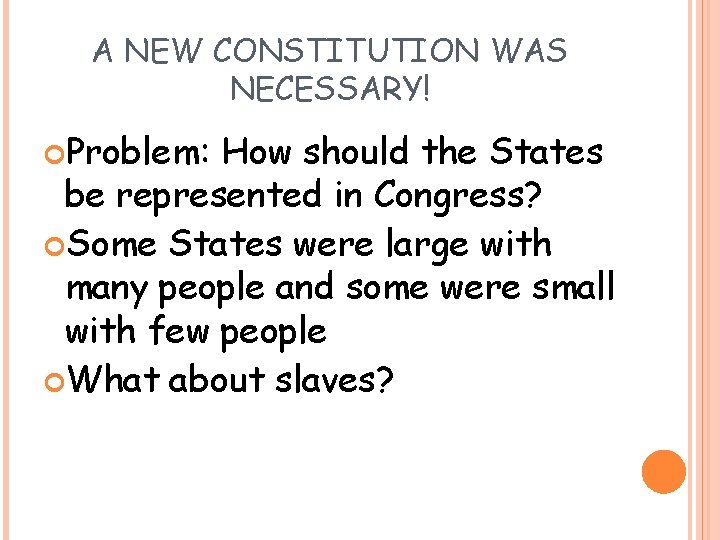 A NEW CONSTITUTION WAS NECESSARY! Problem: How should the States be represented in Congress?