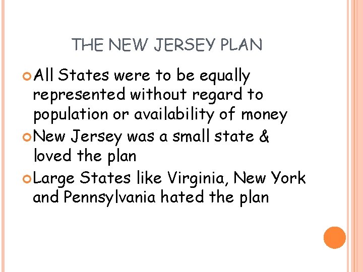 THE NEW JERSEY PLAN All States were to be equally represented without regard to