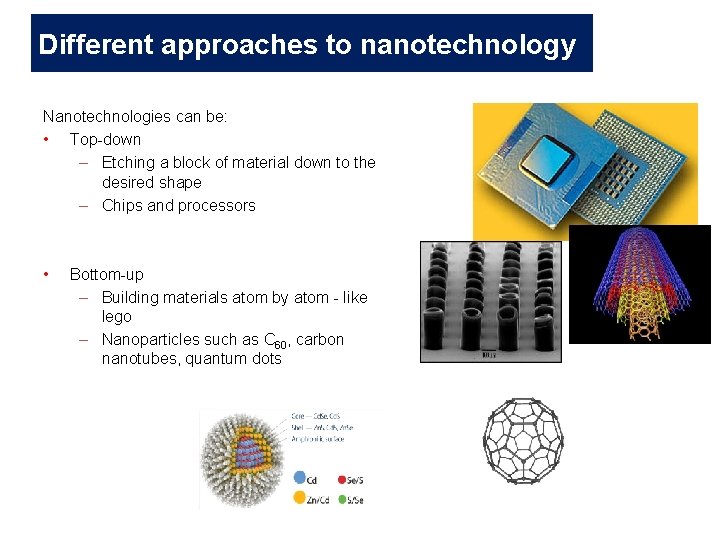 Different approaches to nanotechnology Nanotechnologies can be: • Top-down – Etching a block of Different approaches to nanotechnology Nanotechnologies can be: • Top-down – Etching a block of