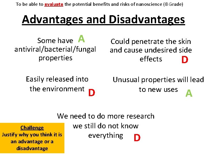 To be able to evaluate the potential benefits and risks of nanoscience (B Grade) To be able to evaluate the potential benefits and risks of nanoscience (B Grade)