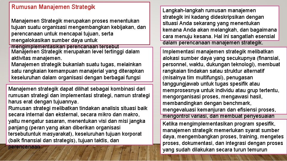 Rumusan Manajemen Strategik merupakan proses menentukan tujuan suatu organisasi mengembangkan kebijakan, dan perencanaan untuk