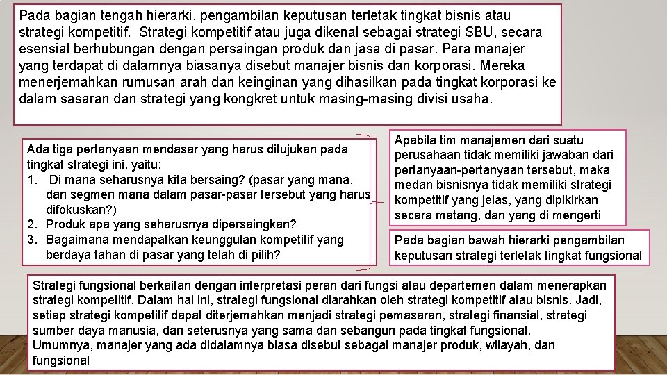 Pada bagian tengah hierarki, pengambilan keputusan terletak tingkat bisnis atau strategi kompetitif. Strategi kompetitif