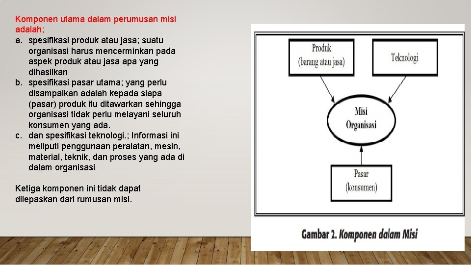 Komponen utama dalam perumusan misi adalah; a. spesifikasi produk atau jasa; suatu organisasi harus