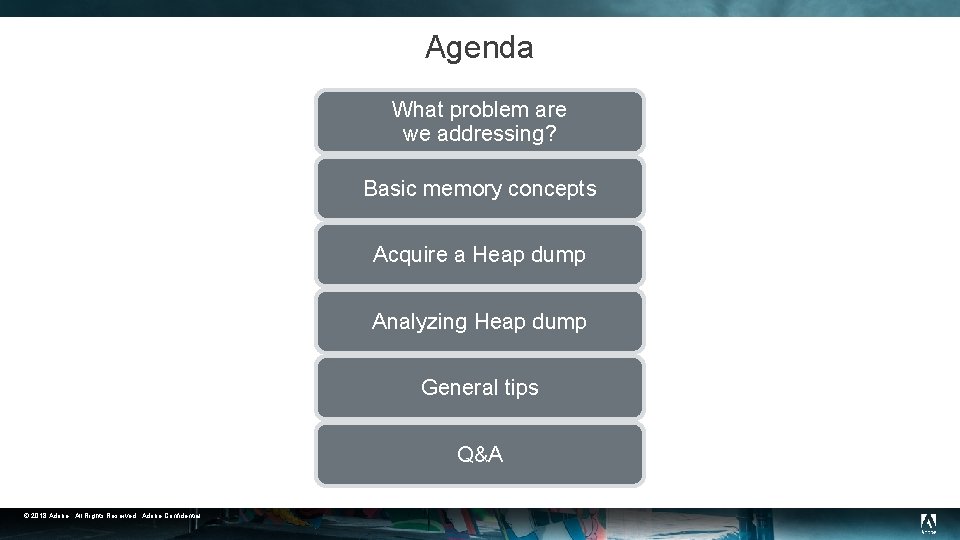 Agenda What problem are we addressing? Basic memory concepts Acquire a Heap dump Analyzing