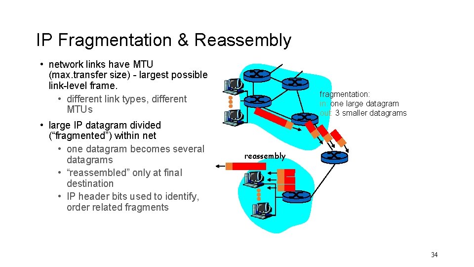 IP Fragmentation & Reassembly • network links have MTU (max. transfer size) - largest