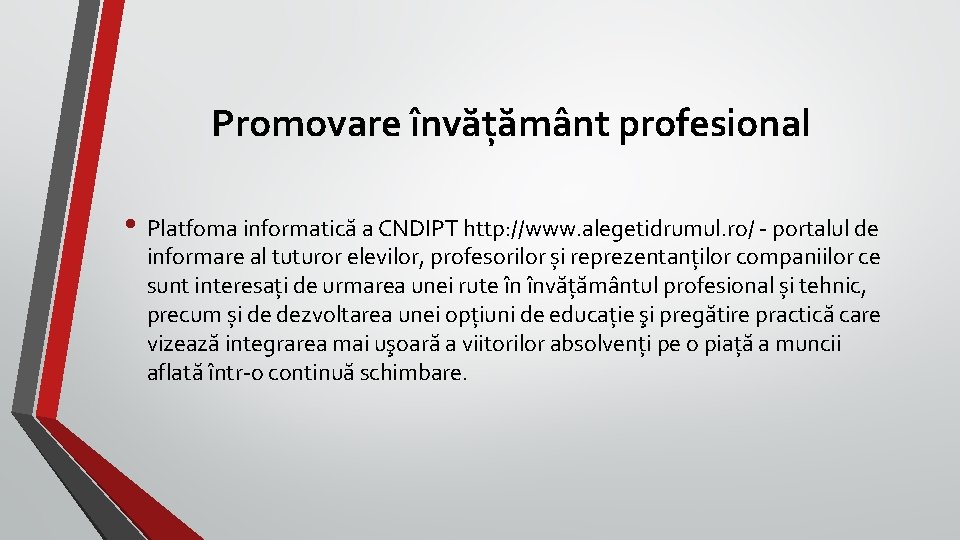 Promovare învățământ profesional • Platfoma informatică a CNDIPT http: //www. alegetidrumul. ro/ - portalul