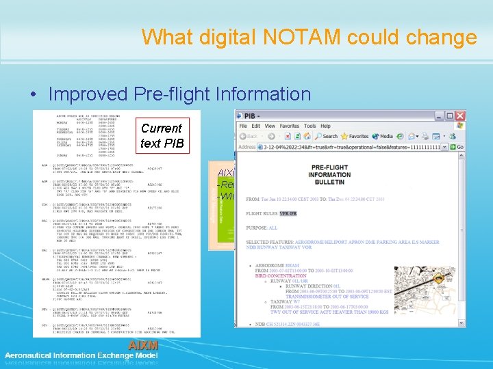 What digital NOTAM could change • Improved Pre-flight Information Current text PIB AIXM Tempdelta