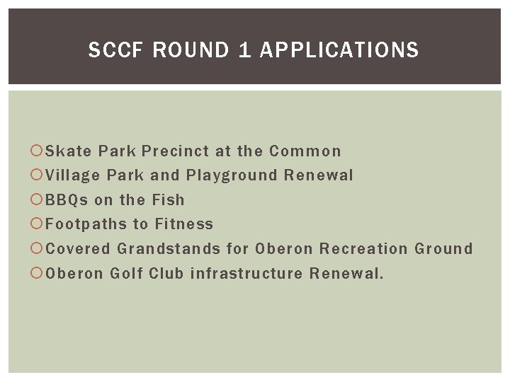 SCCF ROUND 1 APPLICATIONS Skate Park Precinct at the Common Village Park and Playground