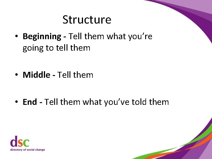 Structure • Beginning - Tell them what you’re going to tell them • Middle