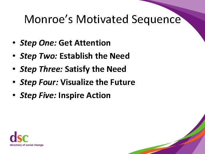 Monroe’s Motivated Sequence • • • Step One: Get Attention Step Two: Establish the