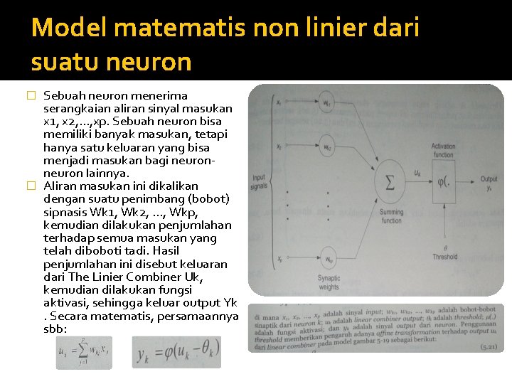 Model matematis non linier dari suatu neuron Sebuah neuron menerima serangkaian aliran sinyal masukan