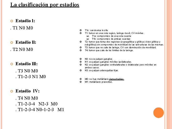 La clasificación por estadios Estadio l: . T 1 N 0 M 0 Estadio