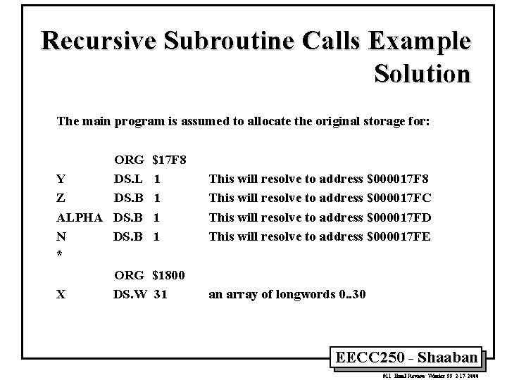 Recursive Subroutine Calls Example Solution The main program is assumed to allocate the original