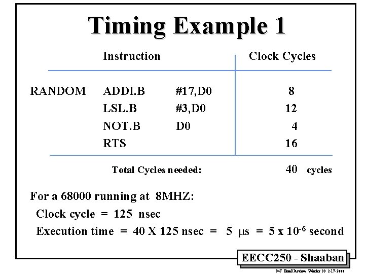 Timing Example 1 Instruction RANDOM ADDI. B LSL. B NOT. B RTS Clock Cycles