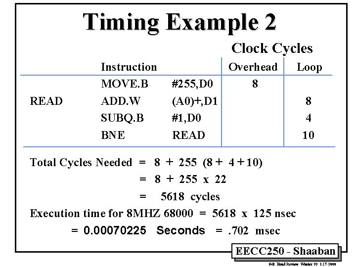 Timing Example 2 Clock Cycles READ Instruction MOVE. B ADD. W SUBQ. B BNE