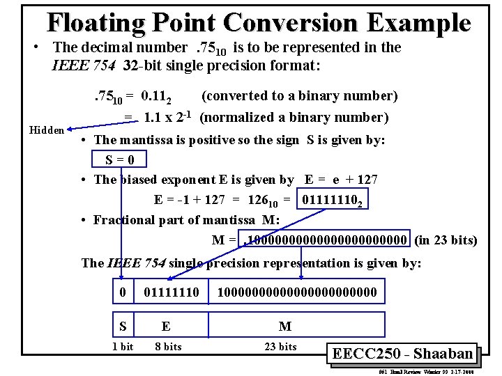 Floating Point Conversion Example • The decimal number. 7510 is to be represented in