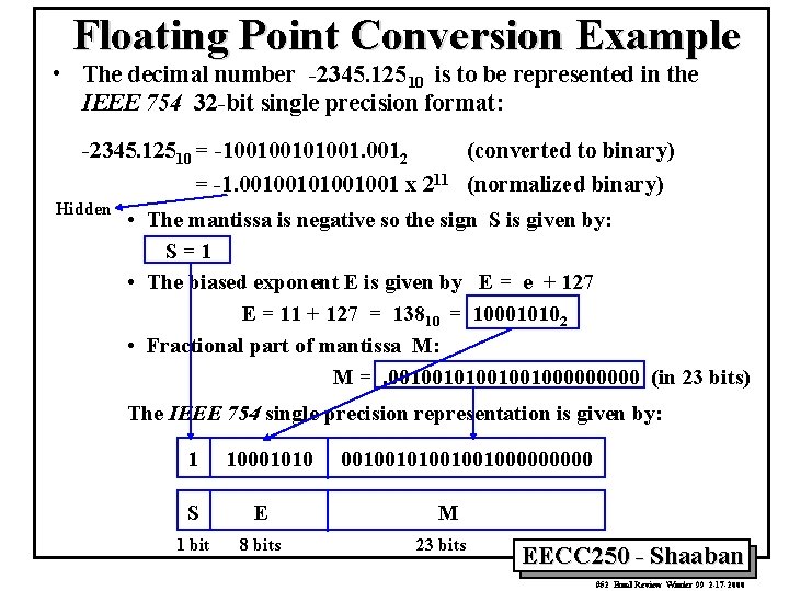 Floating Point Conversion Example • The decimal number -2345. 12510 is to be represented