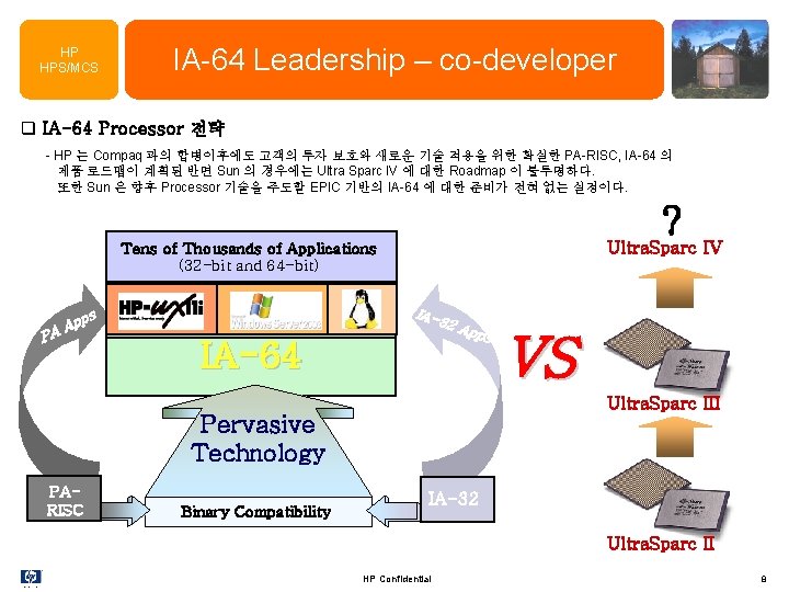 HP HPS/MCS IA-64 Leadership – co-developer q IA-64 Processor 전략 - HP 는 Compaq