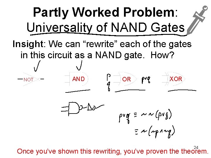 Partly Worked Problem: Universality of NAND Gates Insight: We can “rewrite” each of the