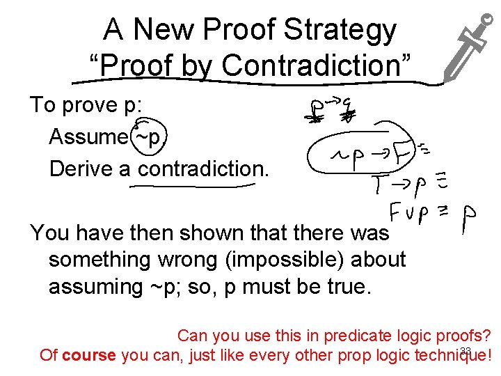 A New Proof Strategy “Proof by Contradiction” To prove p: Assume ~p. Derive a