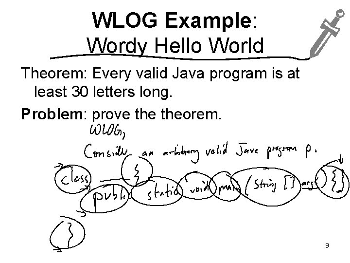 WLOG Example: Wordy Hello World Theorem: Every valid Java program is at least 30