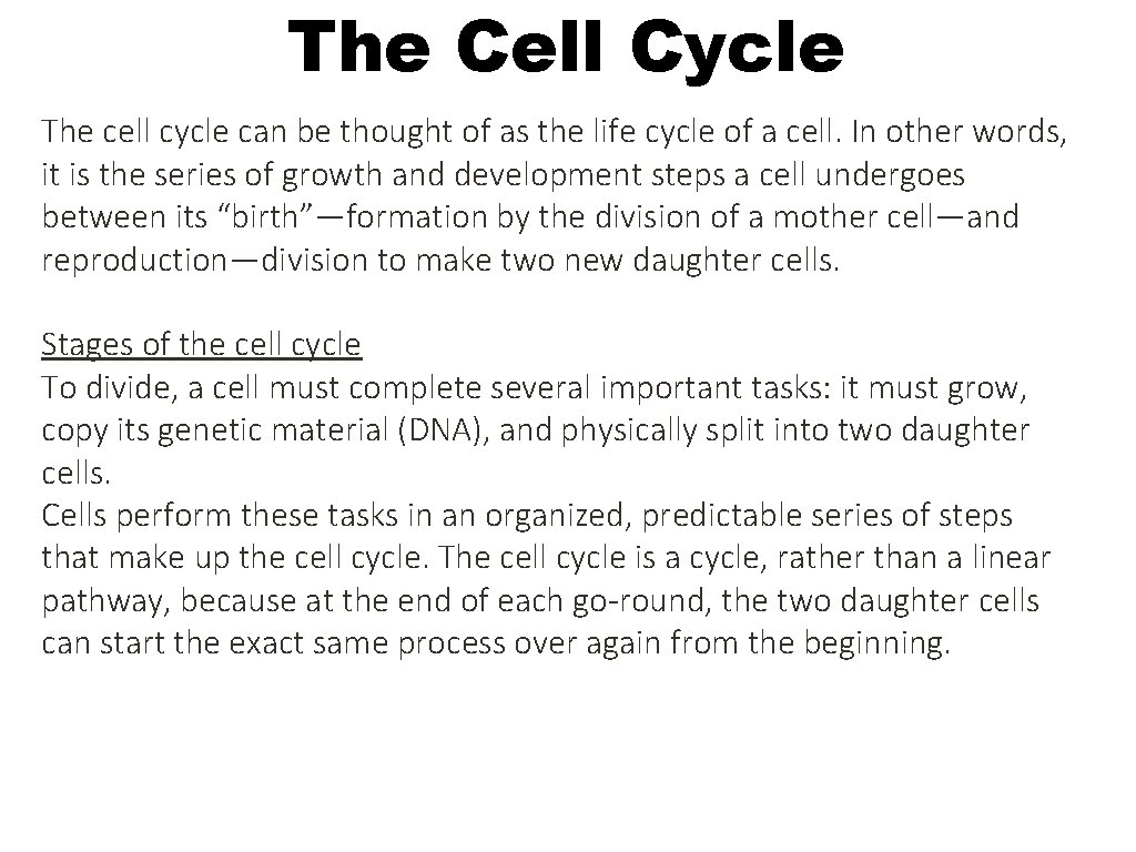 The Cell Cycle The cell cycle can be thought of as the life cycle