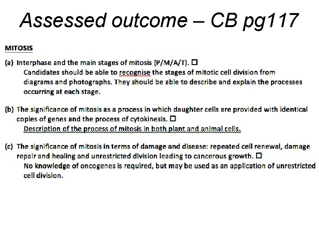 Assessed outcome – CB pg 117 