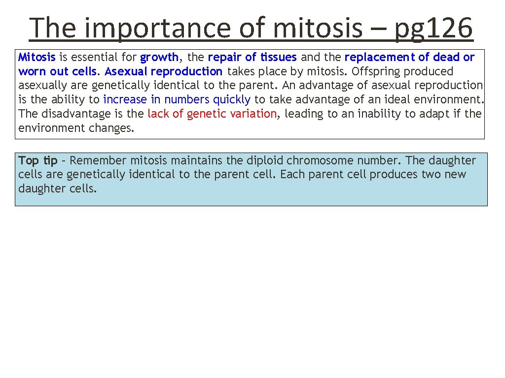 The importance of mitosis – pg 126 Mitosis is essential for growth, the repair