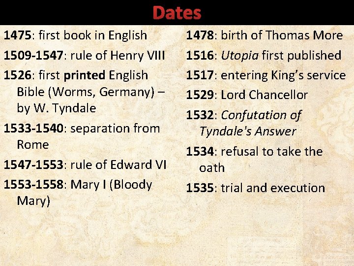 Dates 1475: first book in English 1509 -1547: rule of Henry VIII 1526: first