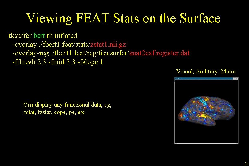 Viewing FEAT Stats on the Surface tksurfer bert rh inflated -overlay. /fbert 1. feat/stats/zstat