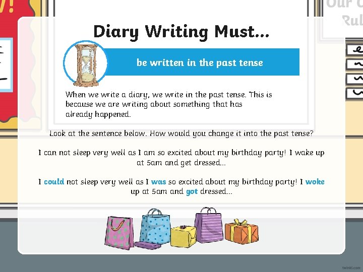 Diary Writing Must. . . be written in the past tense When we write
