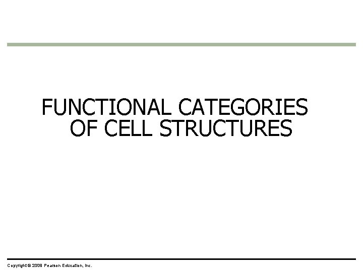 FUNCTIONAL CATEGORIES OF CELL STRUCTURES Copyright © 2009 Pearson Education, Inc. FUNCTIONAL CATEGORIES OF CELL STRUCTURES Copyright © 2009 Pearson Education, Inc.